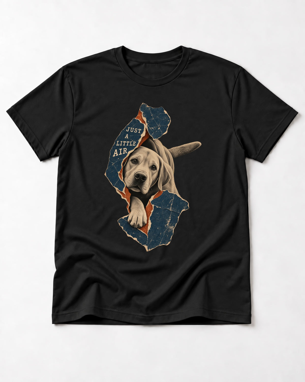 Labrador Retriever Just a Little Air Torn Paper Graphic T-Shirt in Black, flat lay product photo