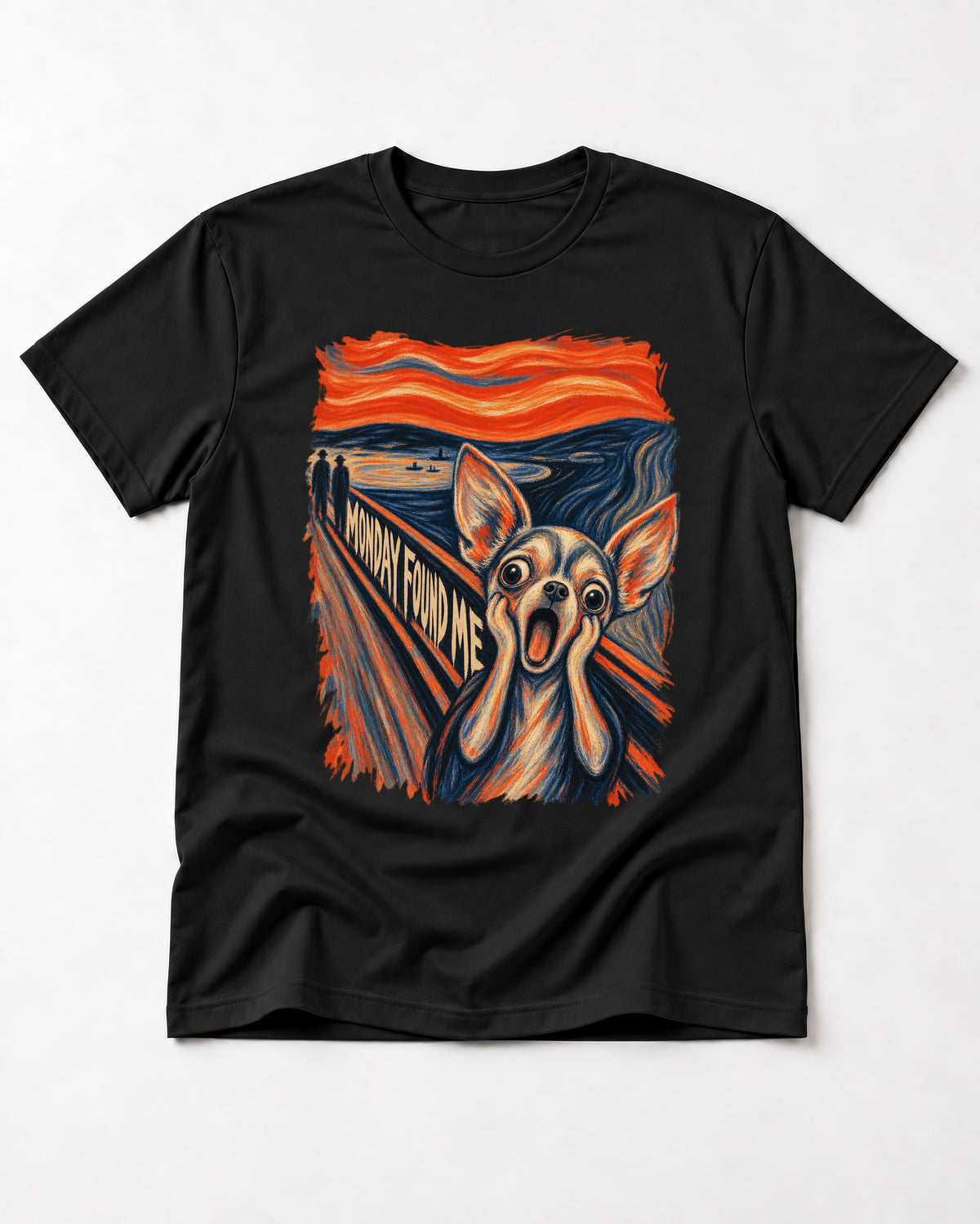 Monday Found Me Chihuahua Scream Path T-Shirt in Black, flat lay product photo