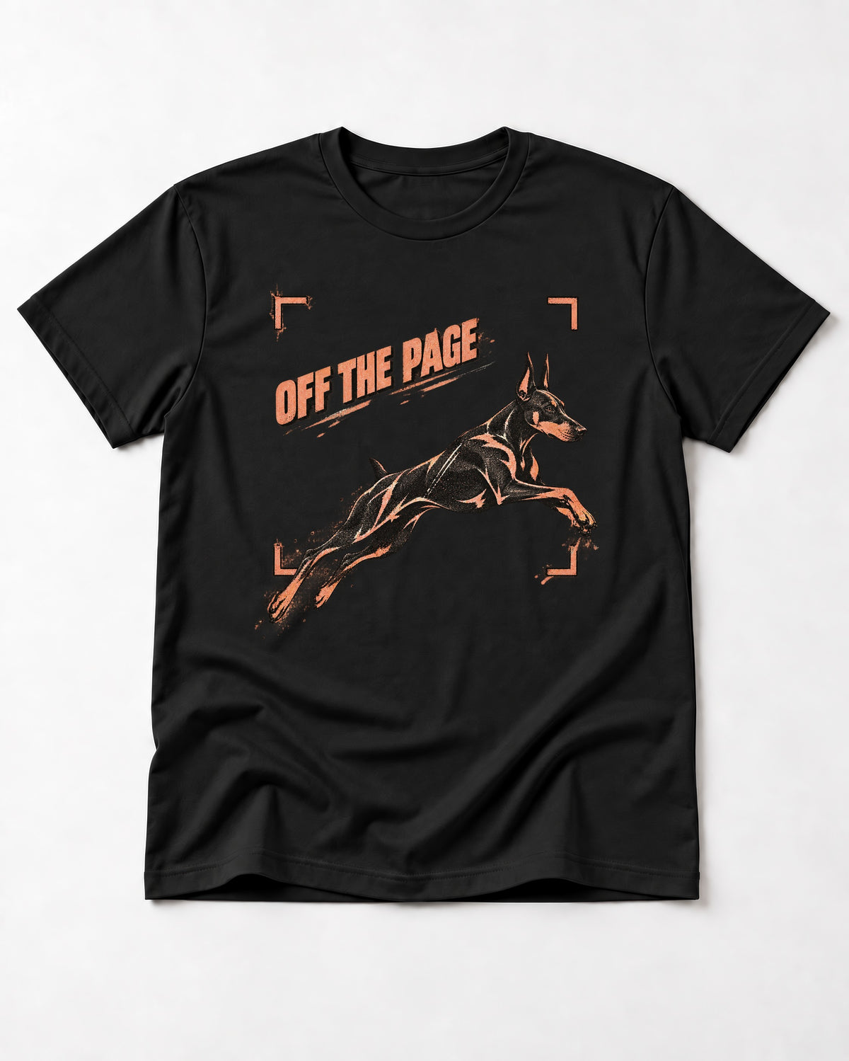 Doberman Off the Page Focus Frame Graphic T-Shirt in Black, flat lay product photo