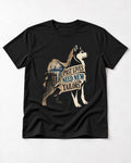 Husky Past Lives Need New Tailors Split Identity Graphic T-Shirt in Black, flat lay product photo