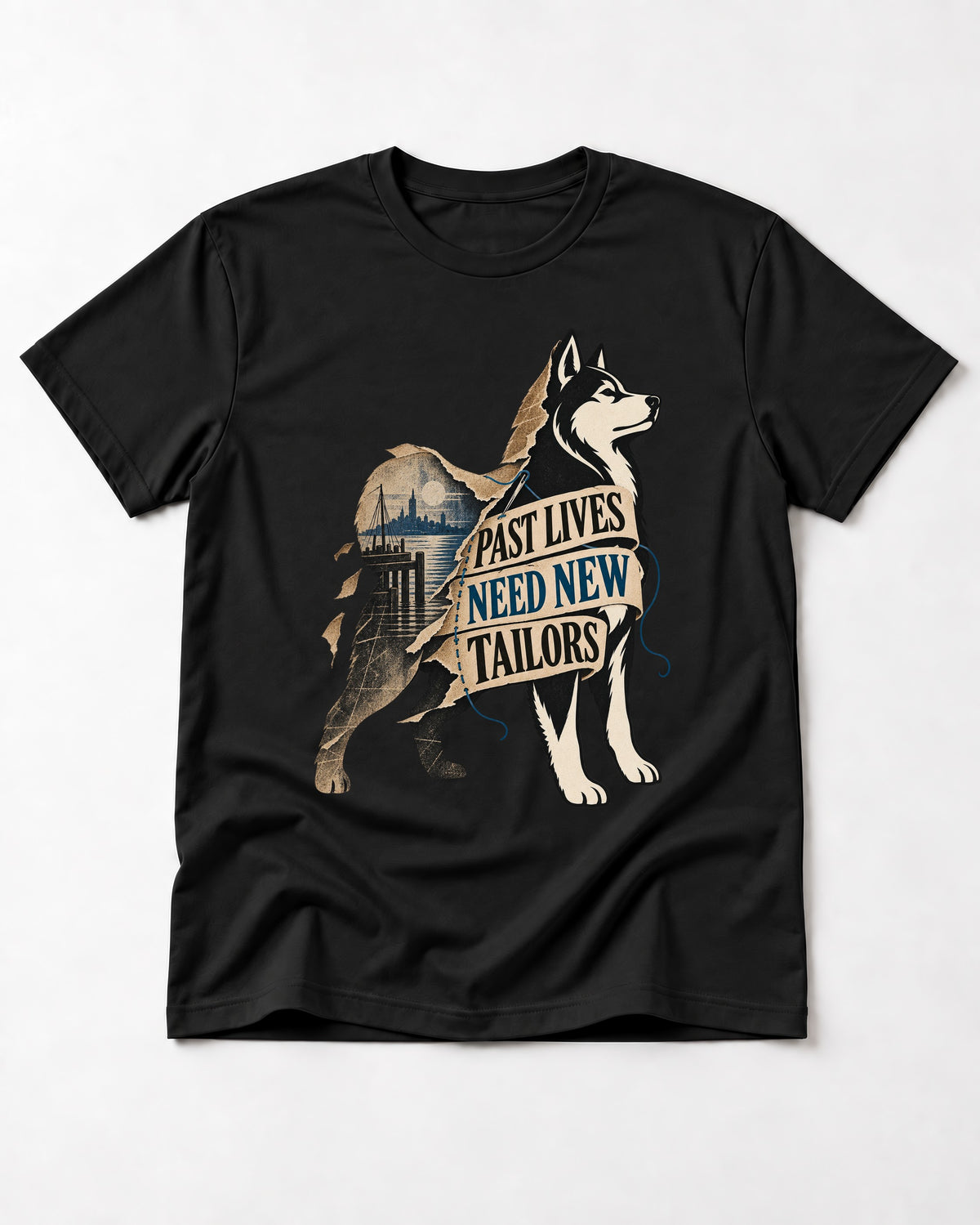 Husky Past Lives Need New Tailors Split Identity Graphic T-Shirt in Black, flat lay product photo