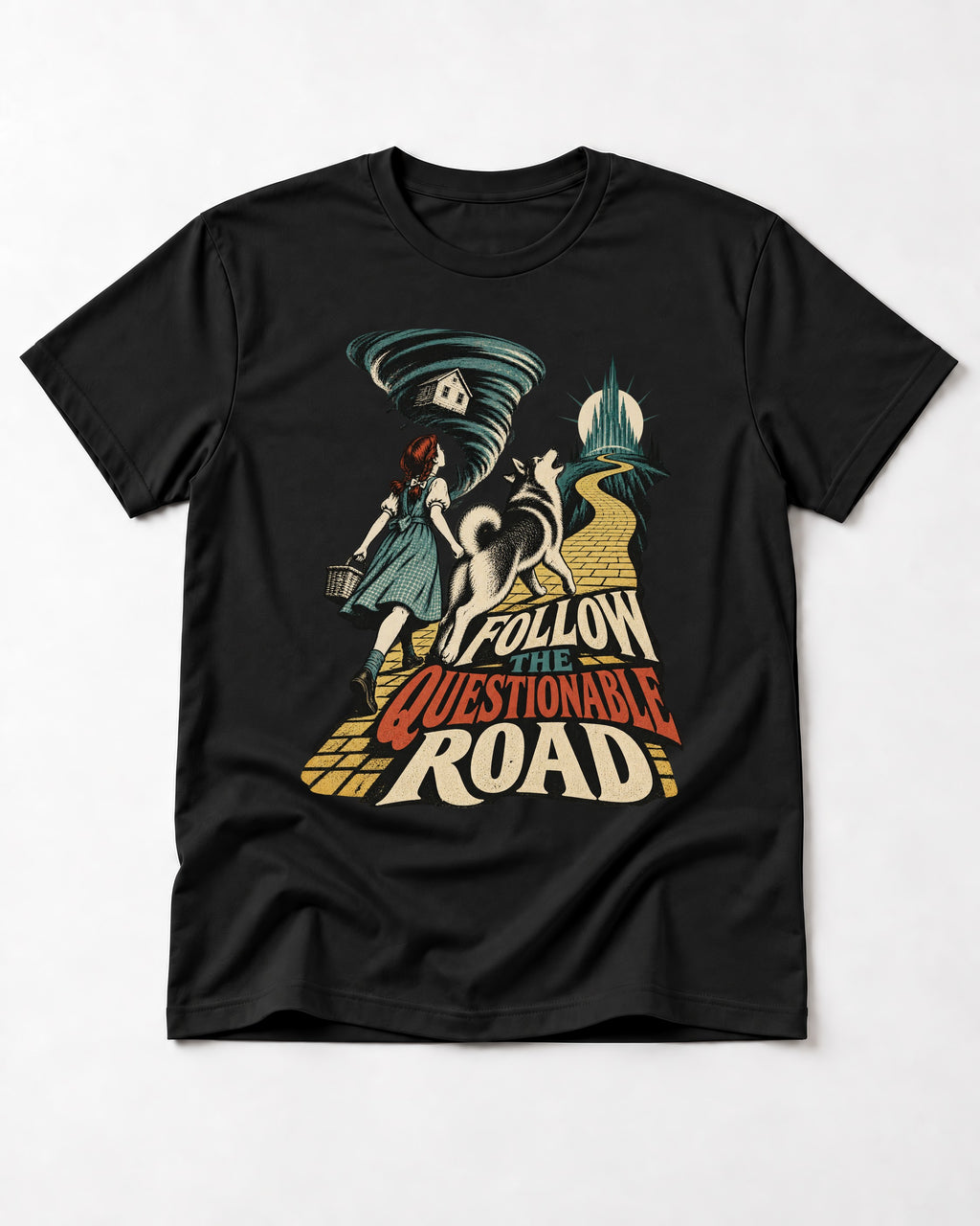 Husky Follow the Questionable Road Tornado Graphic T-Shirt in Black, flat lay product photo