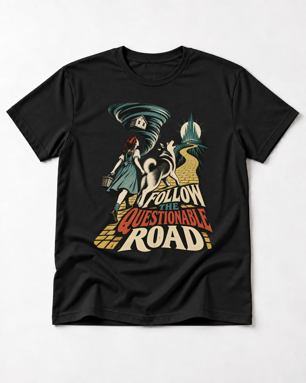 Husky Follow the Questionable Road Tornado Graphic T-Shirt in Black, flat lay product photo