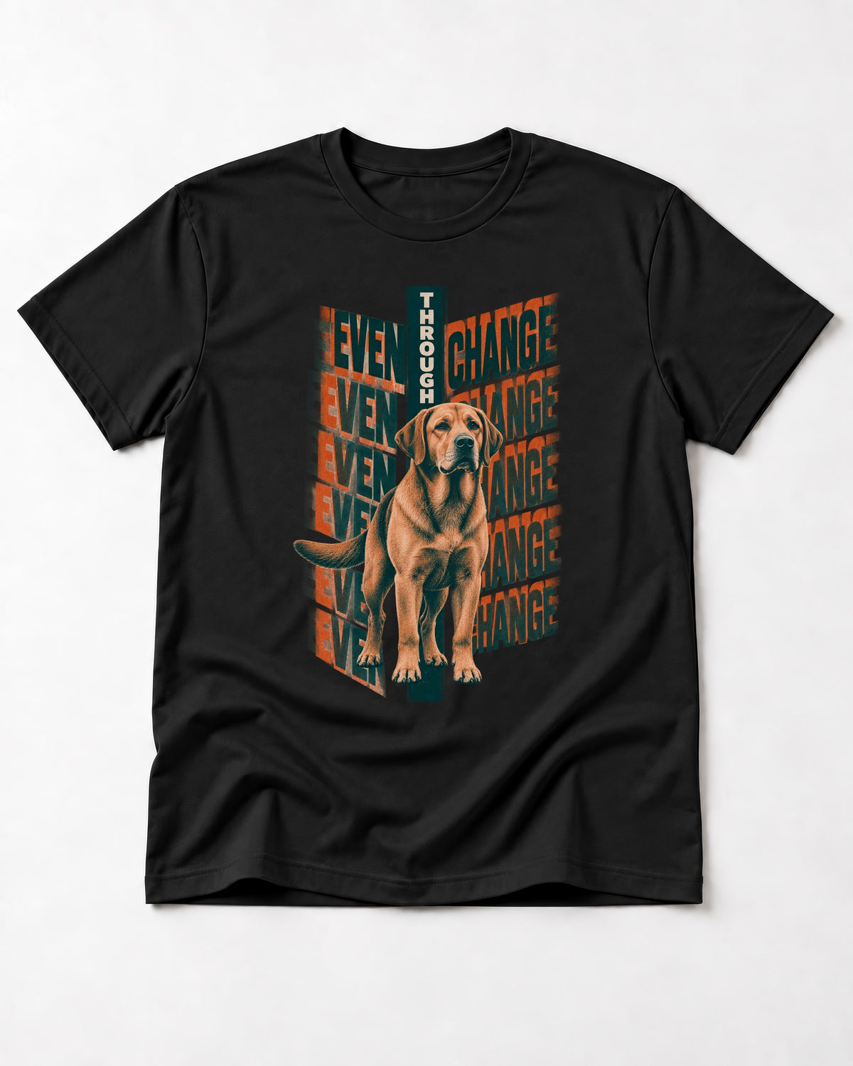 Labrador Retriever Even Through Change Repeated Poster Graphic T-Shirt in Black, flat lay product photo