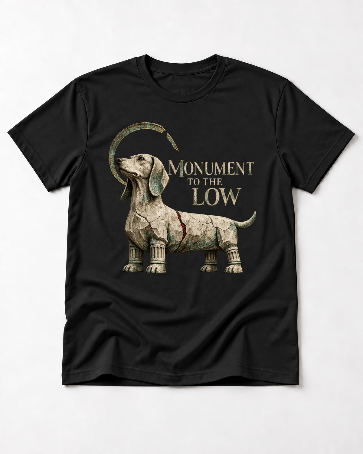Dachshund Monument to the Low Stone Statue Graphic T-Shirt in Black, flat lay product photo