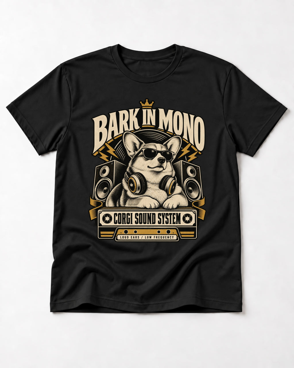 Corgi Bark in Mono Sound System T-Shirt in Black, flat lay product photo