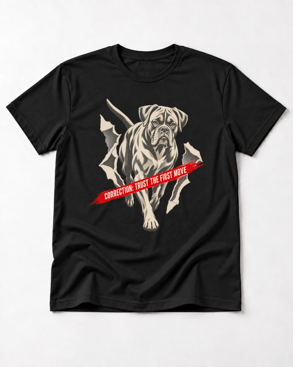 Mastiff Mismatch Boxer Needs Review T-Shirt in Black, flat lay product photo