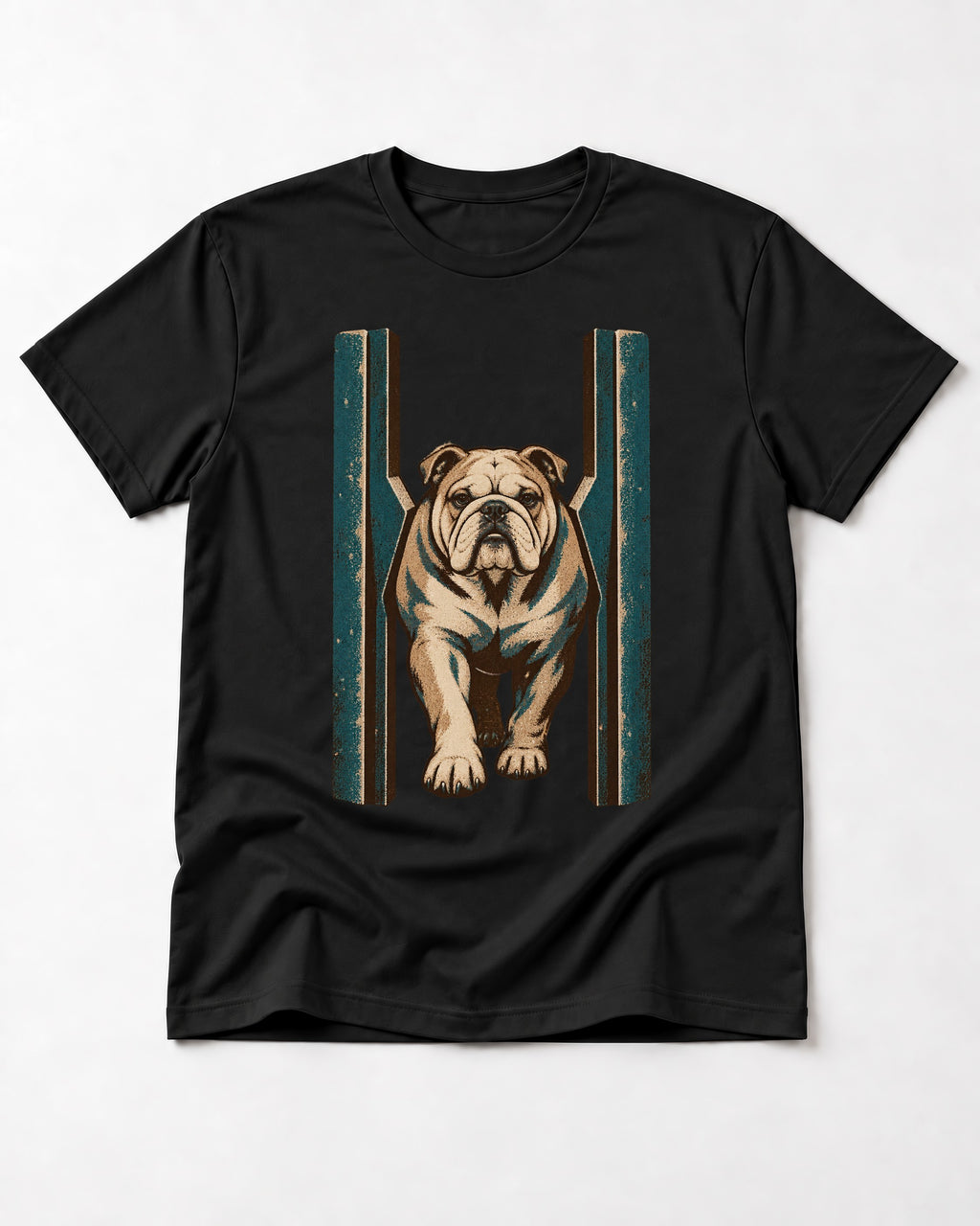 English Bulldog Walking Through Teal Gate Graphic T-Shirt in Black, flat lay product photo