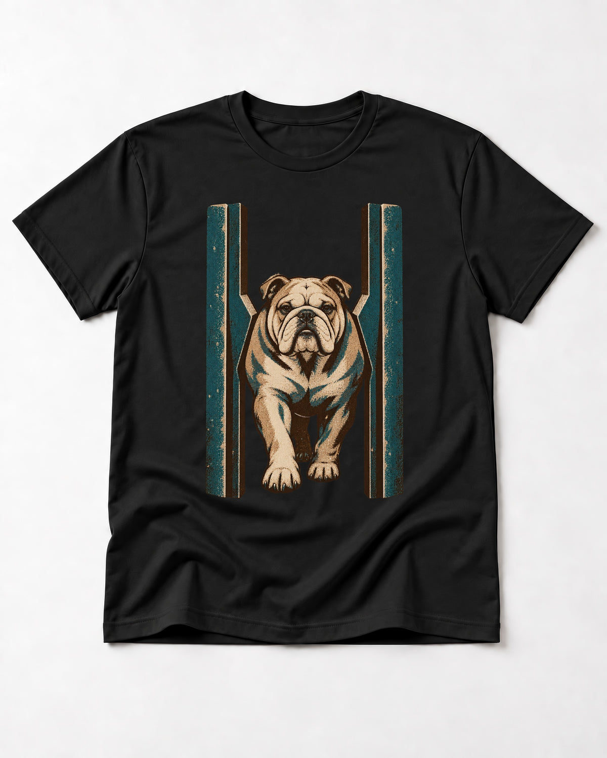 English Bulldog Walking Through Teal Gate Graphic T-Shirt in Black, flat lay product photo