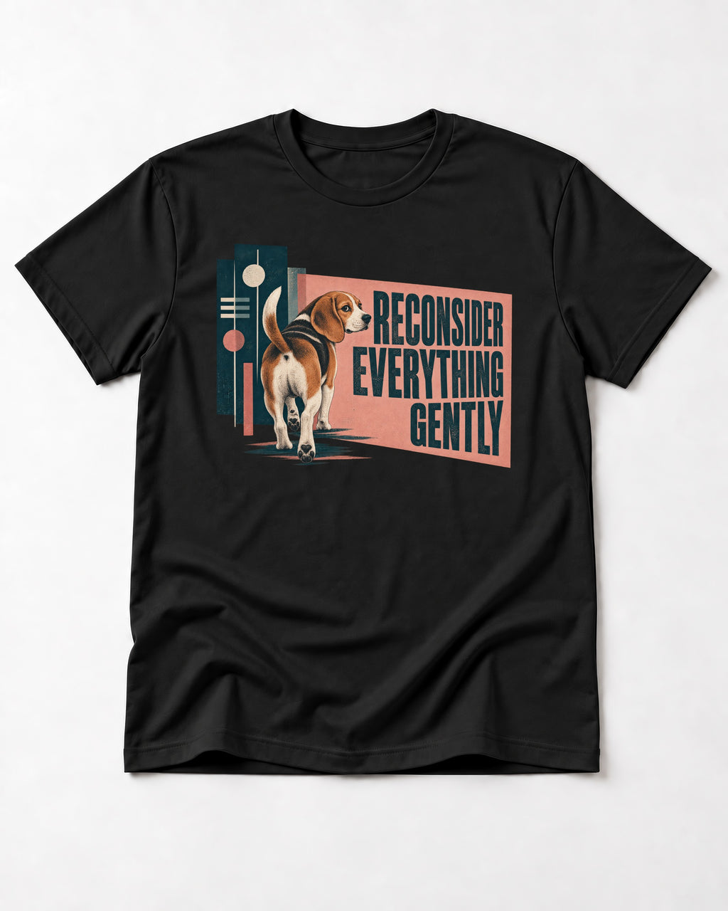 Beagle Reconsider Everything Gently Retro Graphic T-Shirt in Black, flat lay product photo