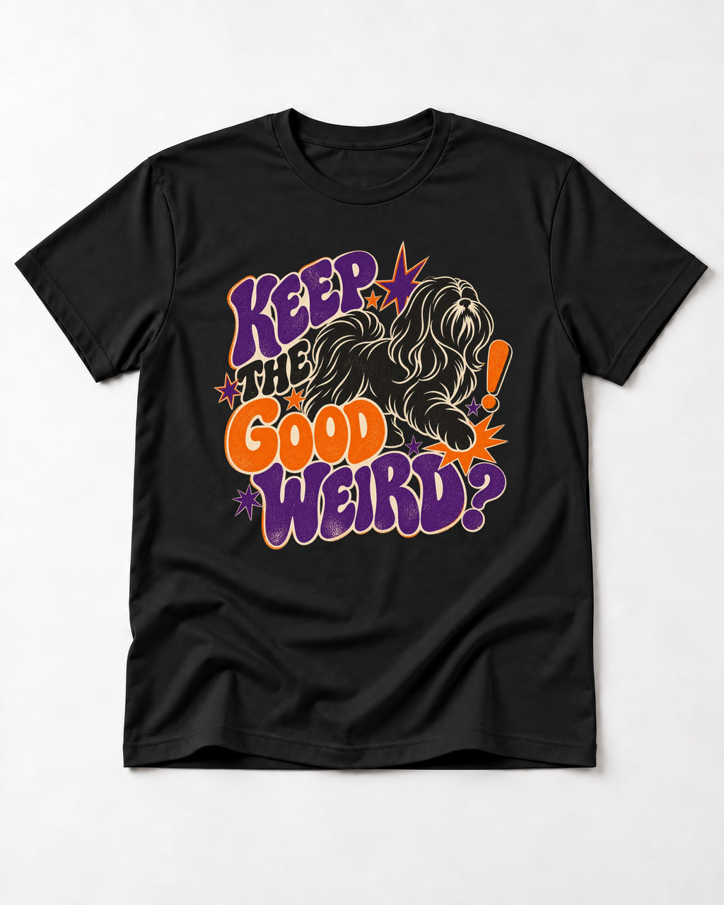 Shih Tzu Keep the Good Weird Retro Typography Graphic T-Shirt in Black, flat lay product photo