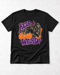 Shih Tzu Keep the Good Weird Retro Typography Graphic T-Shirt in Black, flat lay product photo