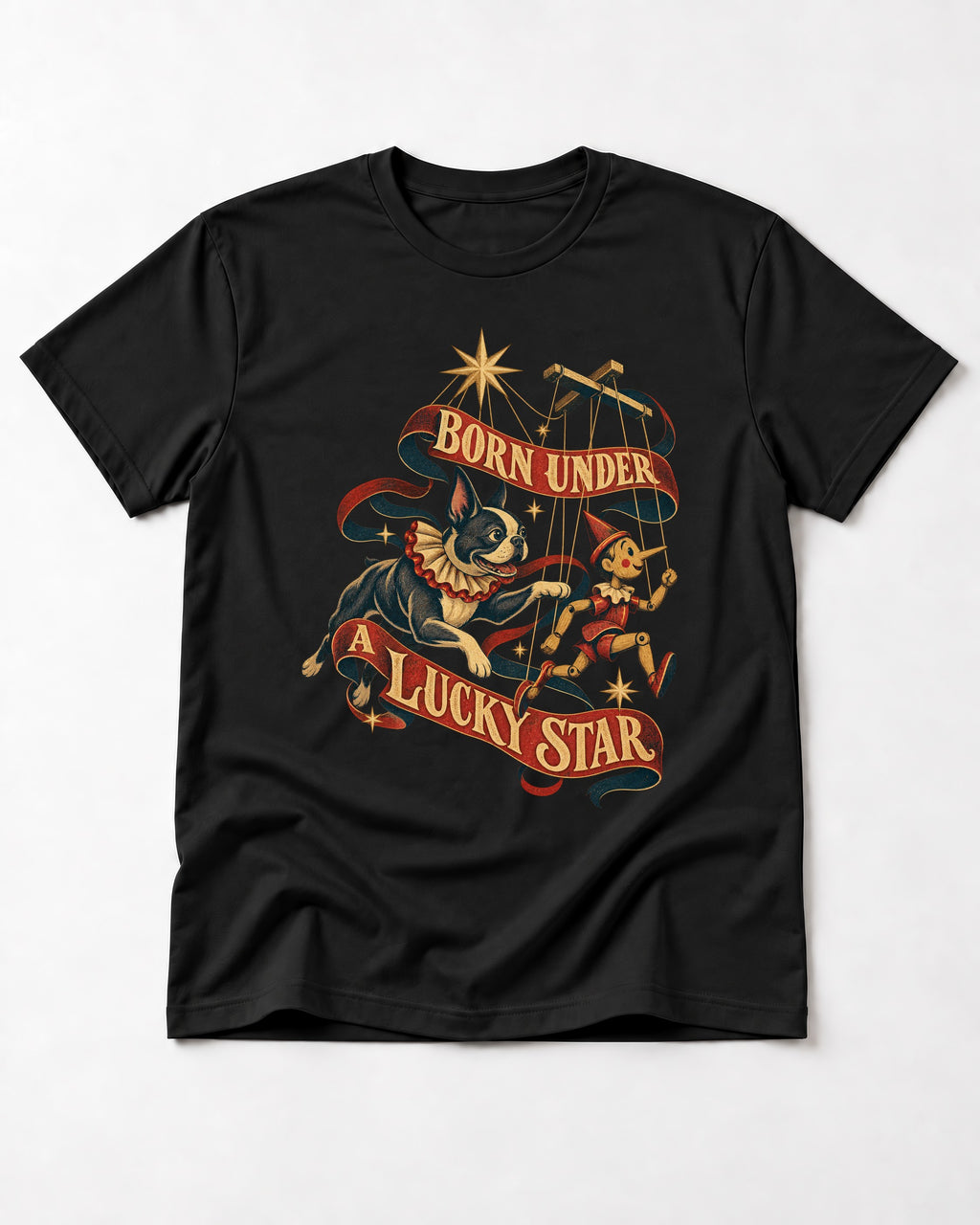 Born Under a Lucky Star Boston Terrier T-Shirt in Black, flat lay product photo