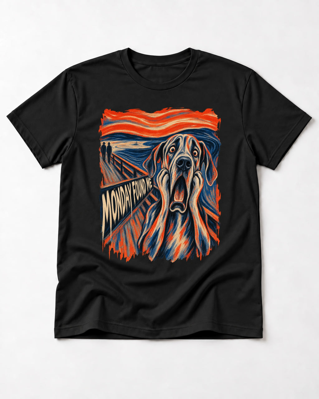 Great Dane Monday Found Me Scream Parody Graphic T-Shirt in Black, flat lay product photo