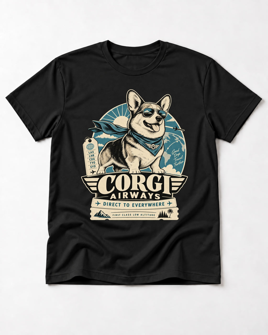 Corgi Airways Direct to Everywhere Badge T-Shirt in Black, flat lay product photo