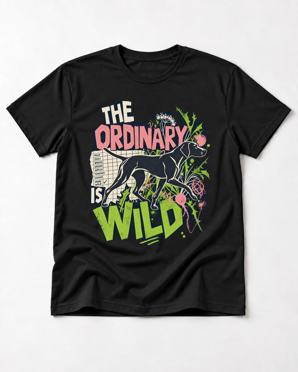 German Shorthaired Pointer The Ordinary Is Wild Grocery List Graphic T-Shirt in Black, flat lay product photo