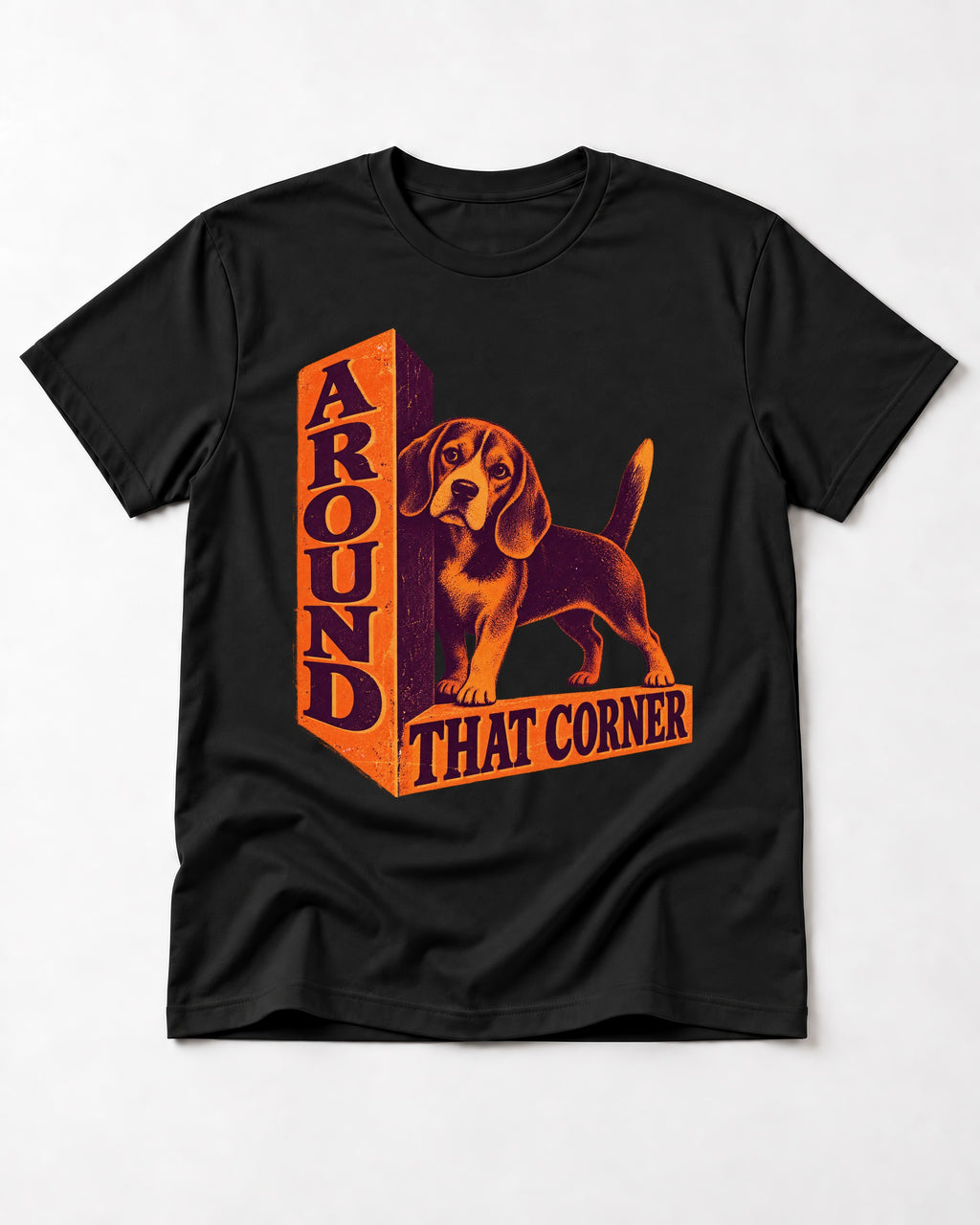 Beagle Around That Corner Graphic T-Shirt in Black, flat lay product photo