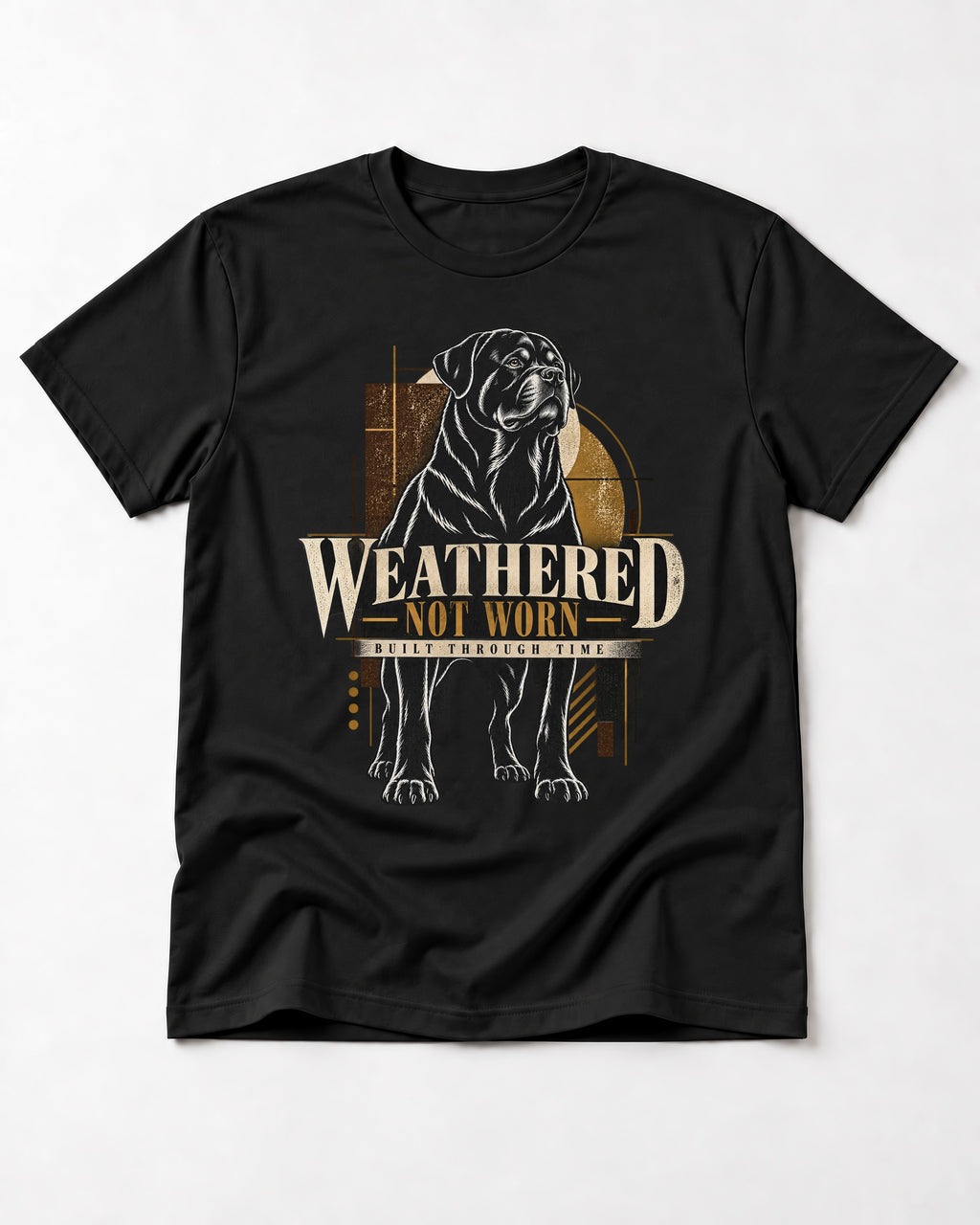 Rottweiler Weathered Not Worn Geometric Graphic T-Shirt in Black, flat lay product photo