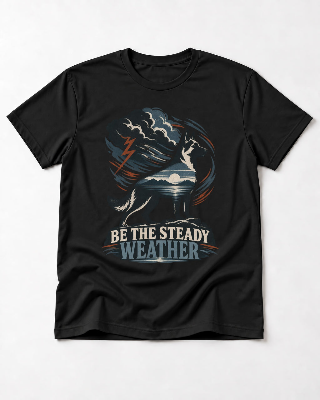 Be the Steady Weather Storm German Shepherd Dog Graphic T-Shirt in Black, flat lay product photo