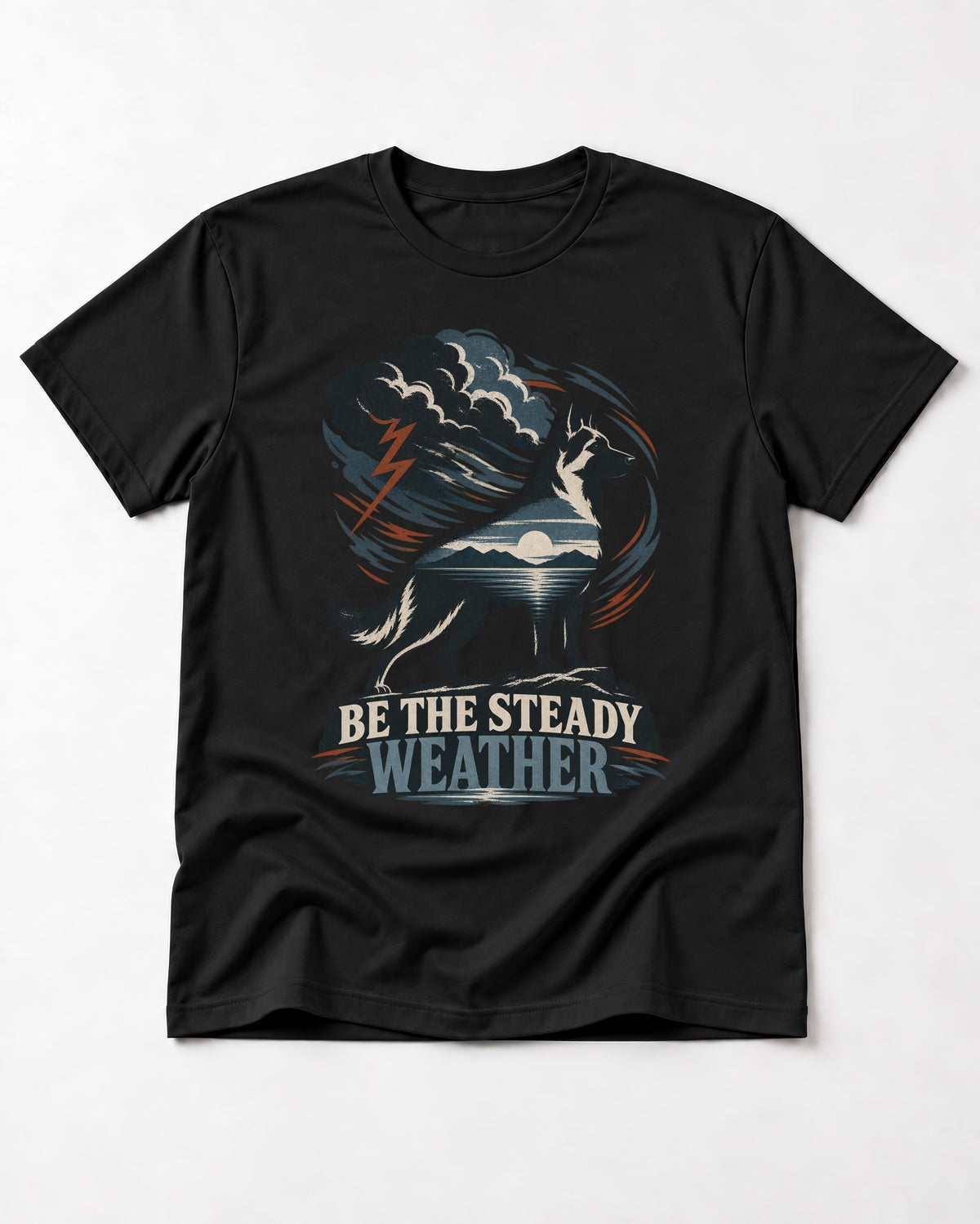 Be the Steady Weather Storm German Shepherd Dog Graphic T-Shirt in Black, flat lay product photo