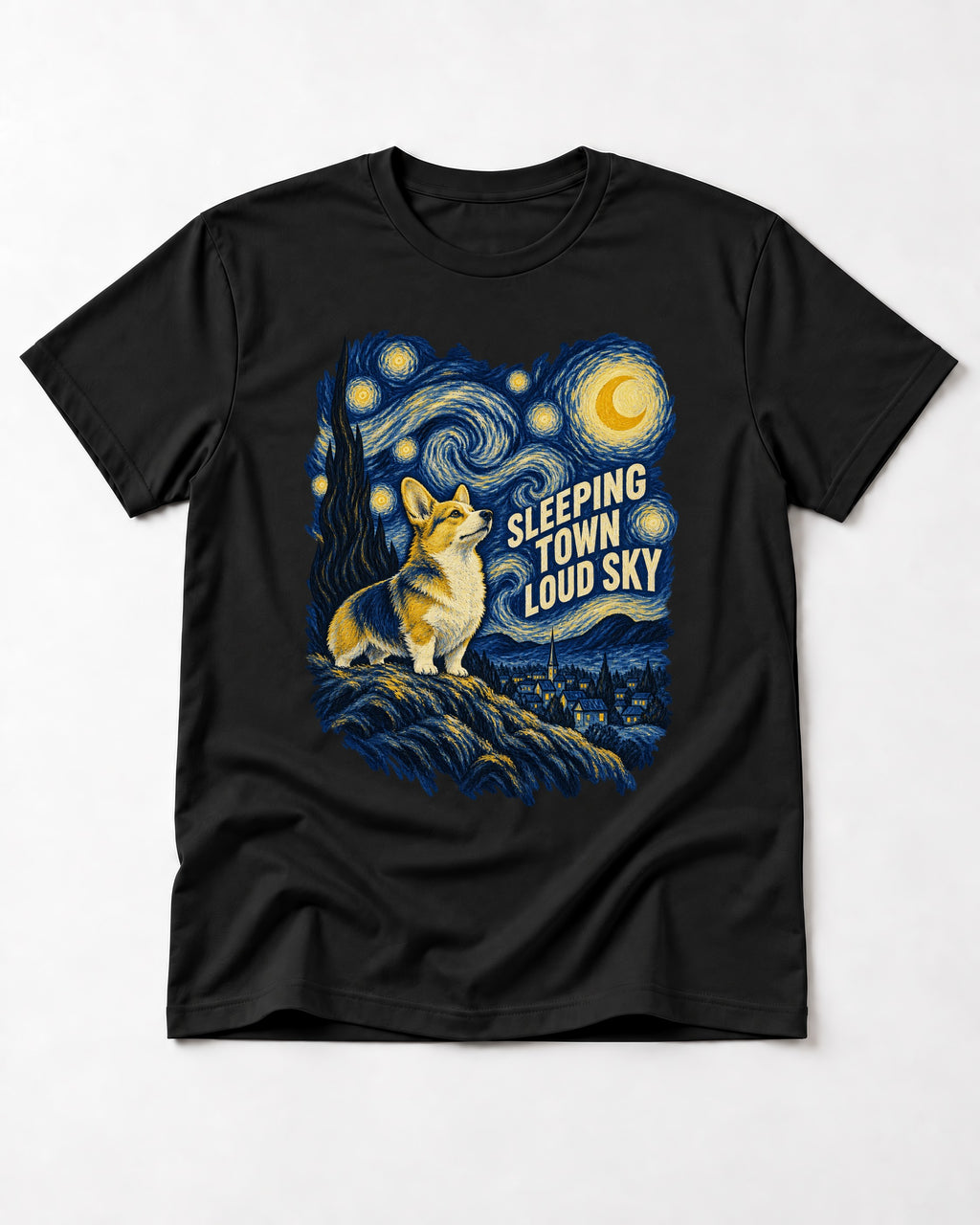 Corgi Sleeping Town Loud Sky Starry Night T-Shirt in Black, flat lay product photo