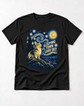 Corgi Sleeping Town Loud Sky Starry Night T-Shirt in Black, flat lay product photo