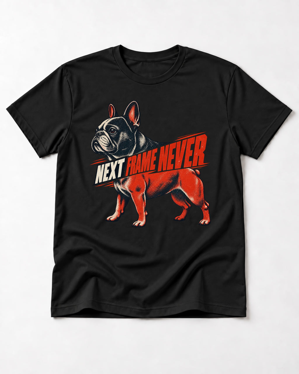 Frenchie Next Frame Never Motion Banner Graphic T-Shirt in Black, flat lay product photo