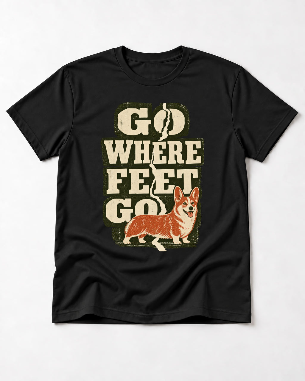 Corgi Go Where Feet Go Path T-Shirt in Black, flat lay product photo