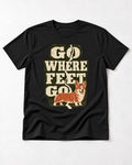 Corgi Go Where Feet Go Path T-Shirt in Black, flat lay product photo