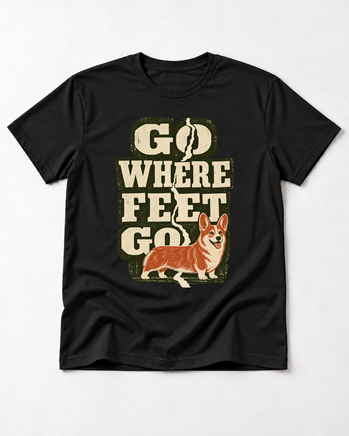 Corgi Go Where Feet Go Path T-Shirt in Black, flat lay product photo