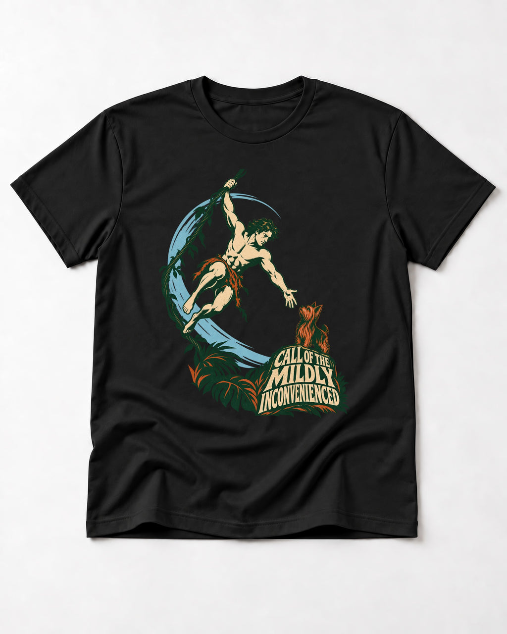 Yorkshire Terrier Call of the Mildly Inconvenienced Vine Swing Graphic T-Shirt in Black, flat lay product photo