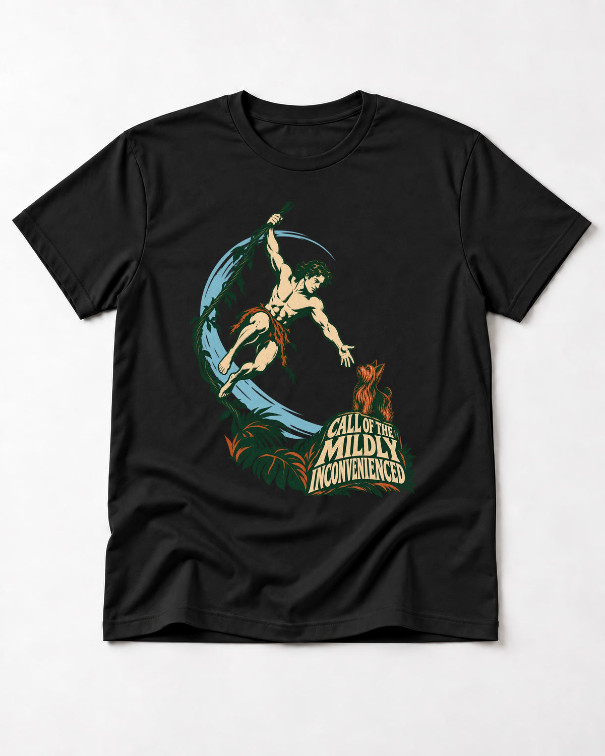 Yorkshire Terrier Call of the Mildly Inconvenienced Vine Swing Graphic T-Shirt in Black, flat lay product photo