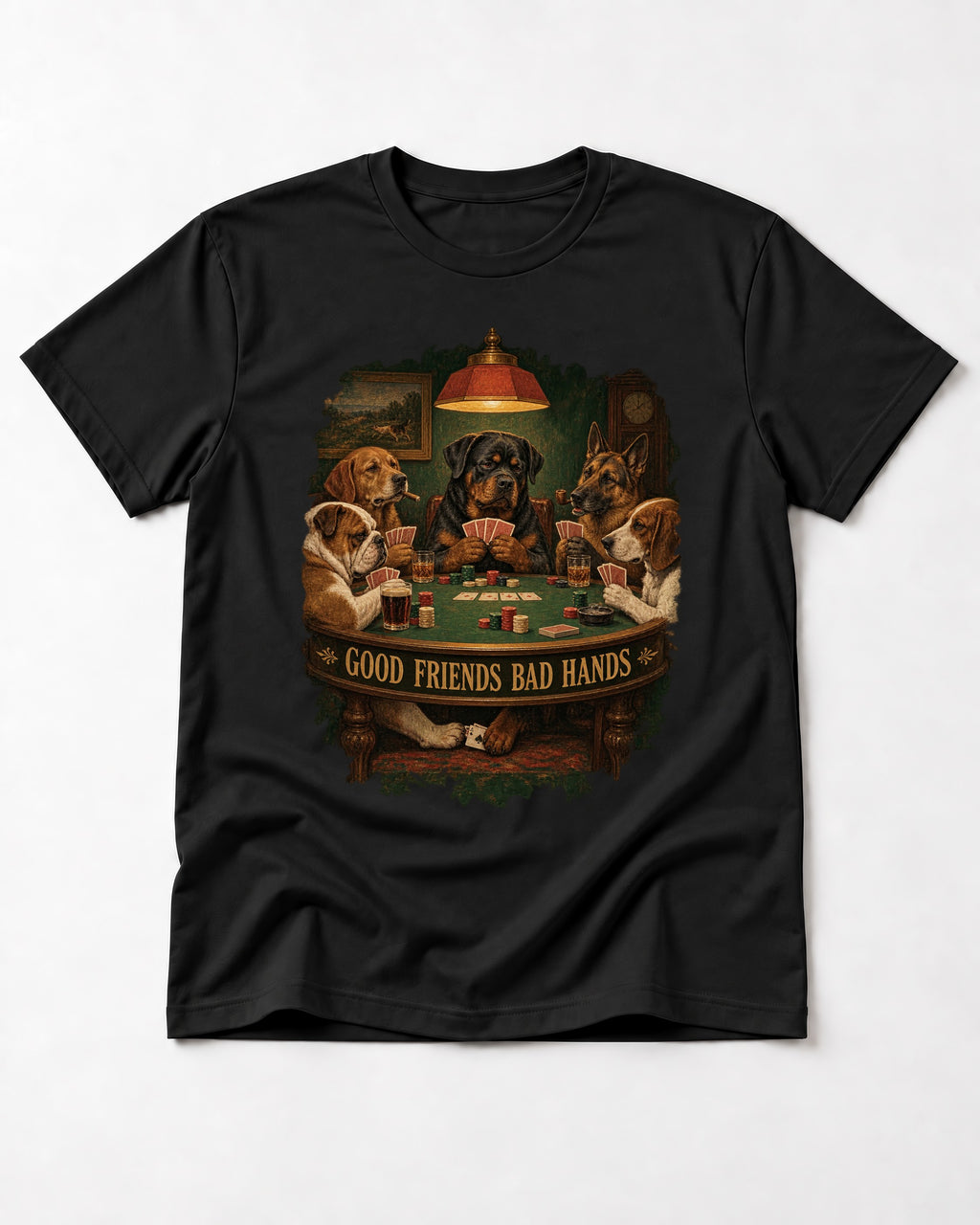Rottweiler Good Friends Bad Hands Poker Night Graphic T-Shirt in Black, flat lay product photo