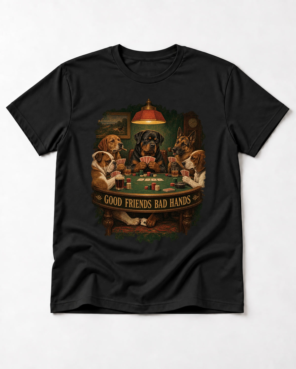 Rottweiler Good Friends Bad Hands Poker Night Graphic T-Shirt in Black, flat lay product photo