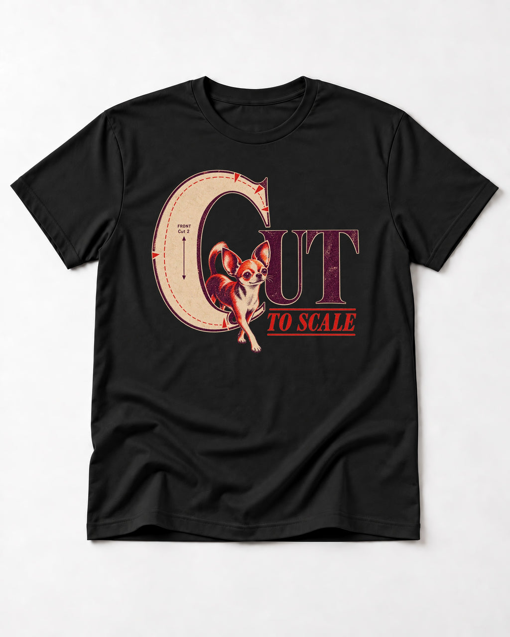 Chihuahua Cut to Scale Sewing Pattern Graphic T-Shirt in Black, flat lay product photo