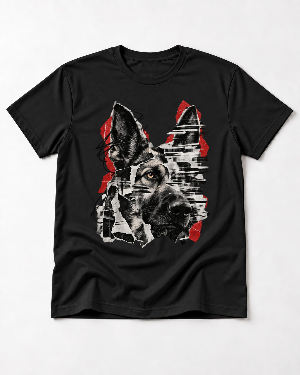 Black Signal Torn Collage German Shepherd Dog Portrait Graphic T-Shirt in Black, flat lay product photo