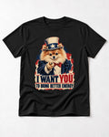 Pomeranian I Want You to Bring Better Energy Uncle Sam Graphic T-Shirt in Black, flat lay product photo