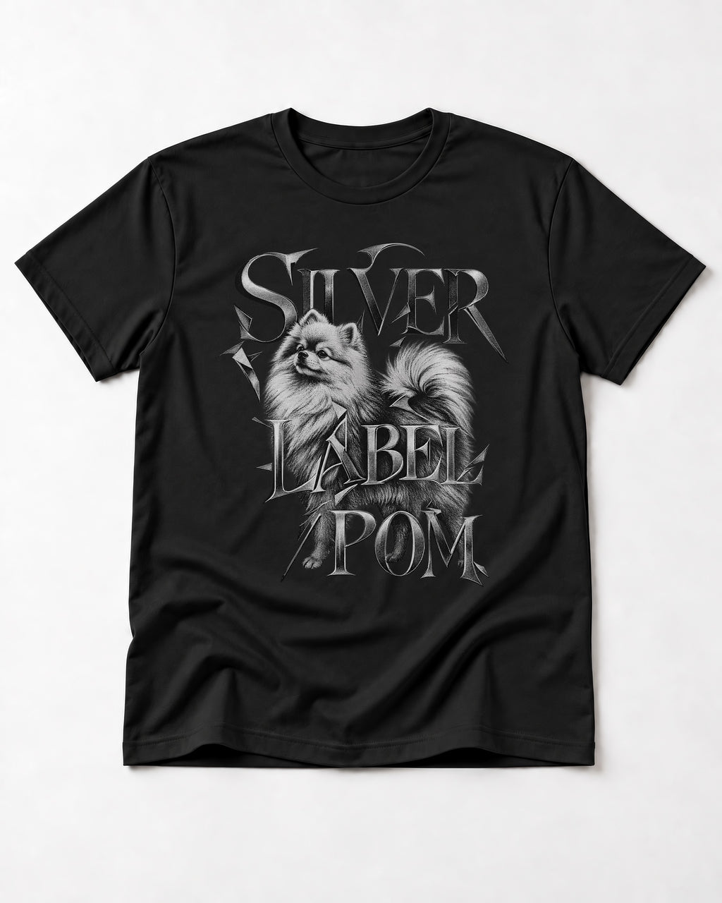 Pomeranian Silver Label Metallic Typography Graphic T-Shirt in Black, flat lay product photo
