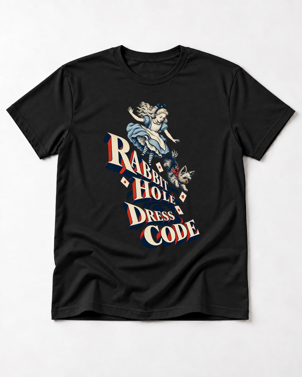 Yorkshire Terrier Rabbit Hole Dress Code Wonderland Graphic T-Shirt in Black, flat lay product photo