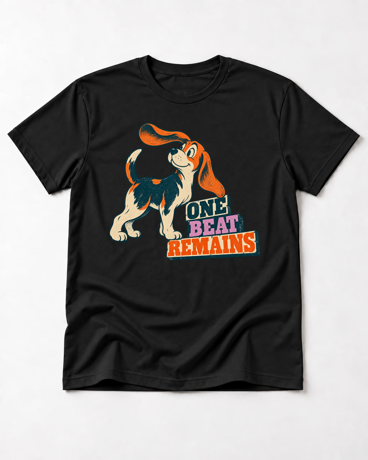 Retro Beagle One Beat Remains T-Shirt in Black, flat lay product photo
