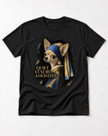 Chihuahua Quiet Luxury Loud Eyes Pearl Earring Portrait T-Shirt in Black, flat lay product photo