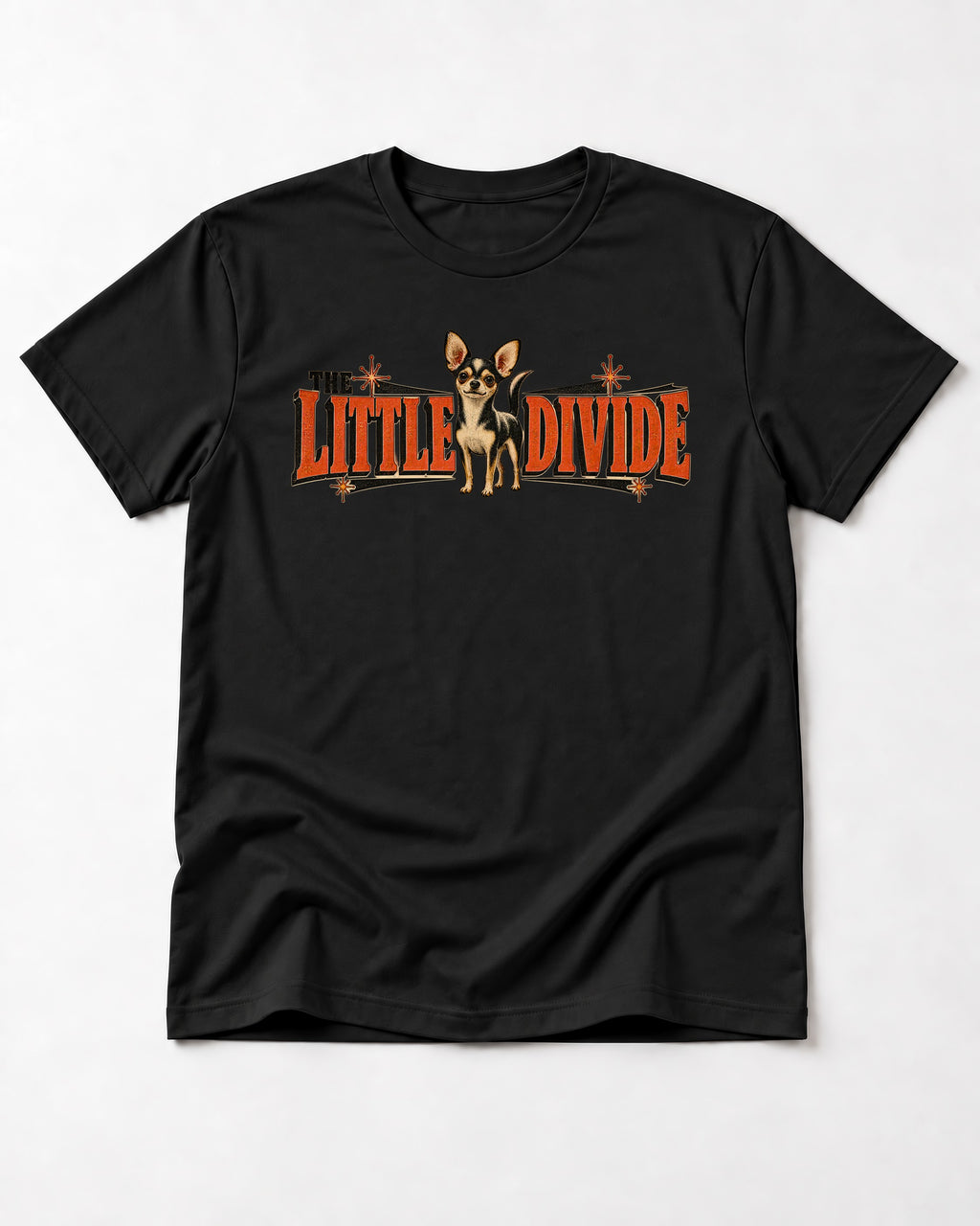 Chihuahua The Little Divide Retro Sign Graphic T-Shirt in Black, flat lay product photo