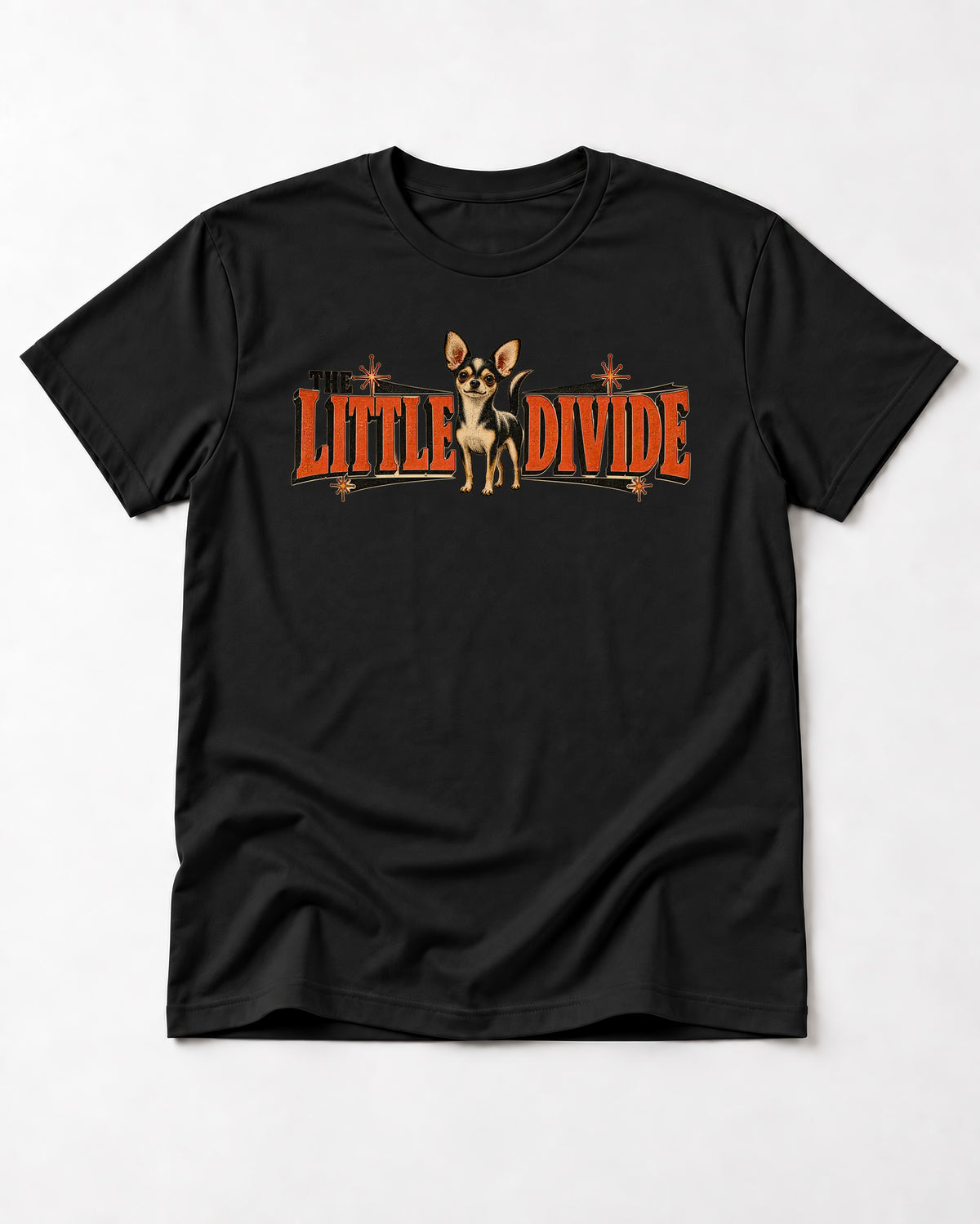 Chihuahua The Little Divide Retro Sign Graphic T-Shirt in Black, flat lay product photo