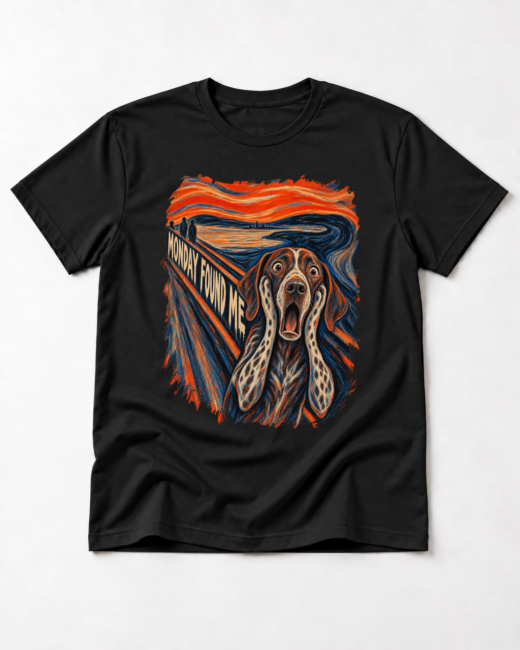 German Shorthaired Pointer Monday Found Me Scream Parody Graphic T-Shirt in Black, flat lay product photo