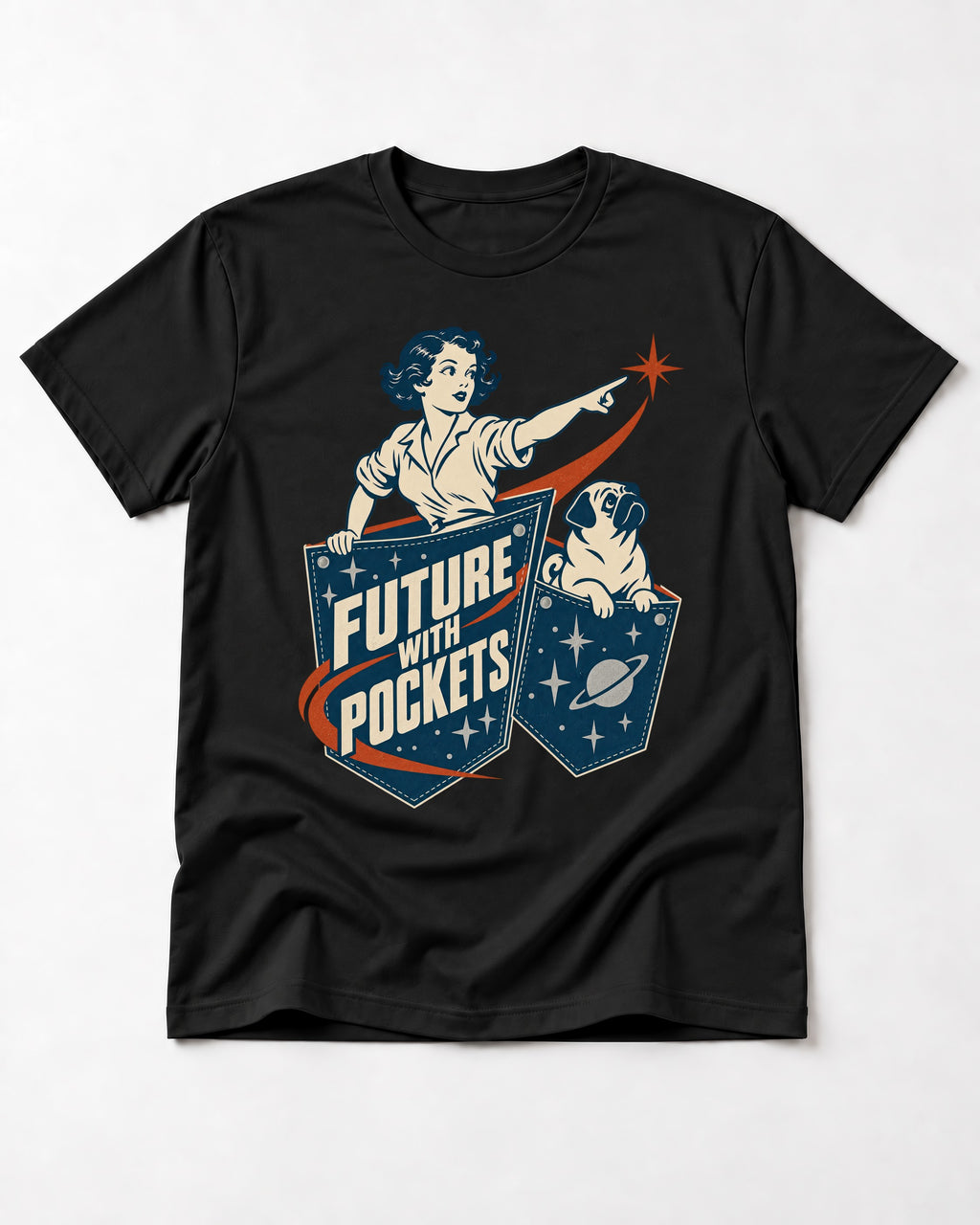 Pug Future with Pockets Space Pocket Graphic T-Shirt in Black, flat lay product photo