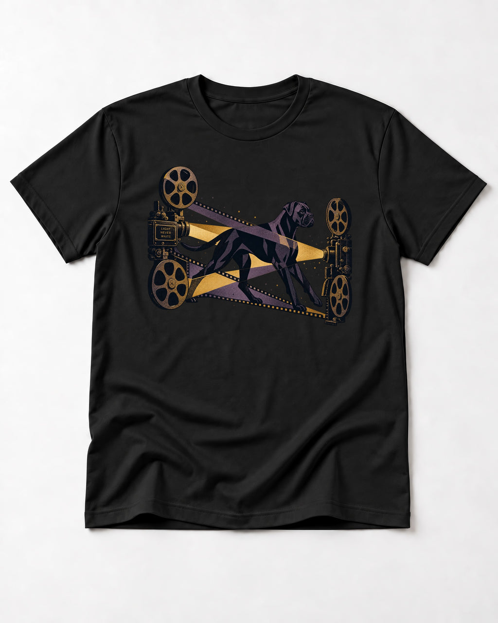 Light Never Waits Boxer Cinema Graphic T-Shirt in Black, flat lay product photo