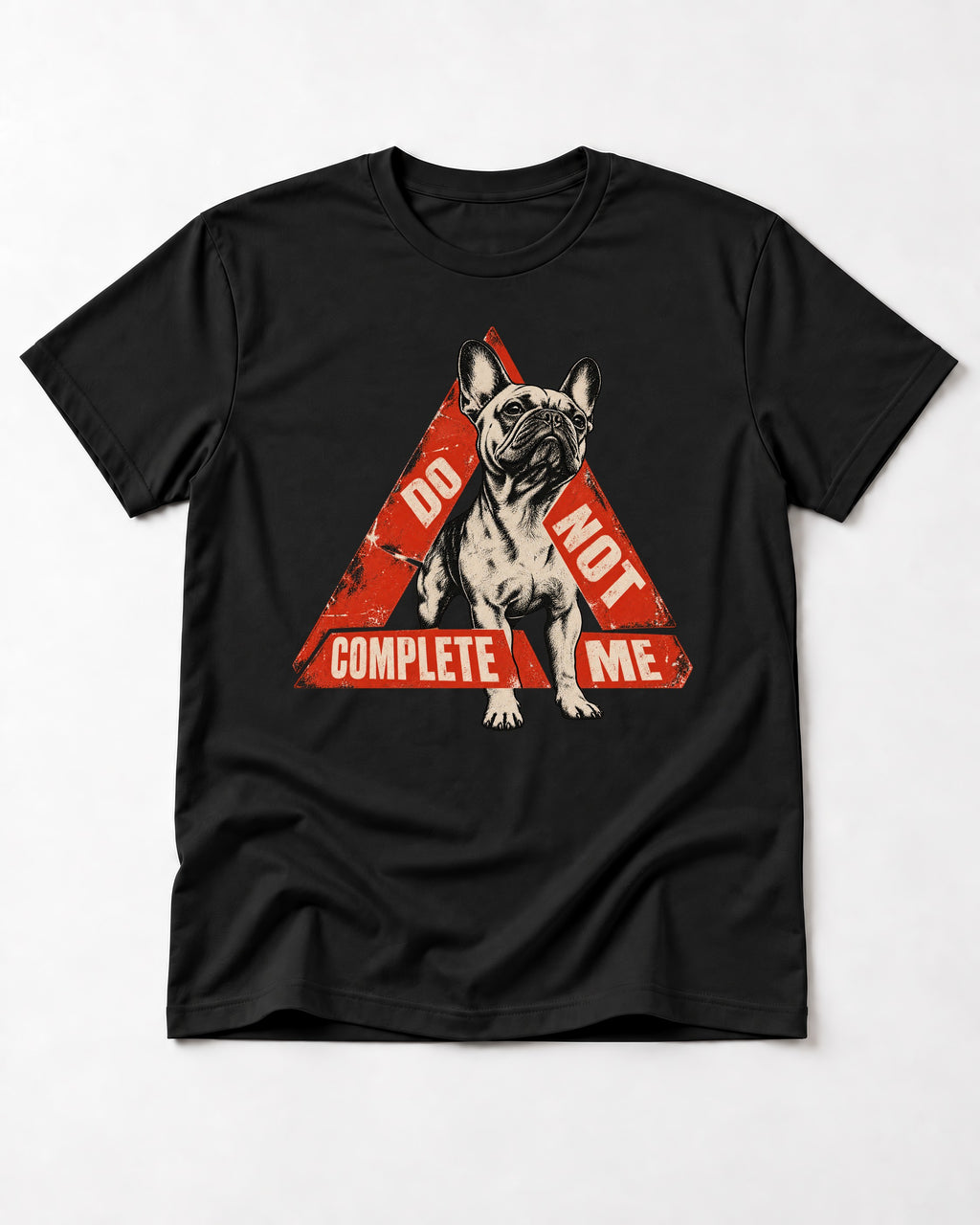 Frenchie Do Not Complete Me Warning Triangle Graphic T-Shirt in Black, flat lay product photo