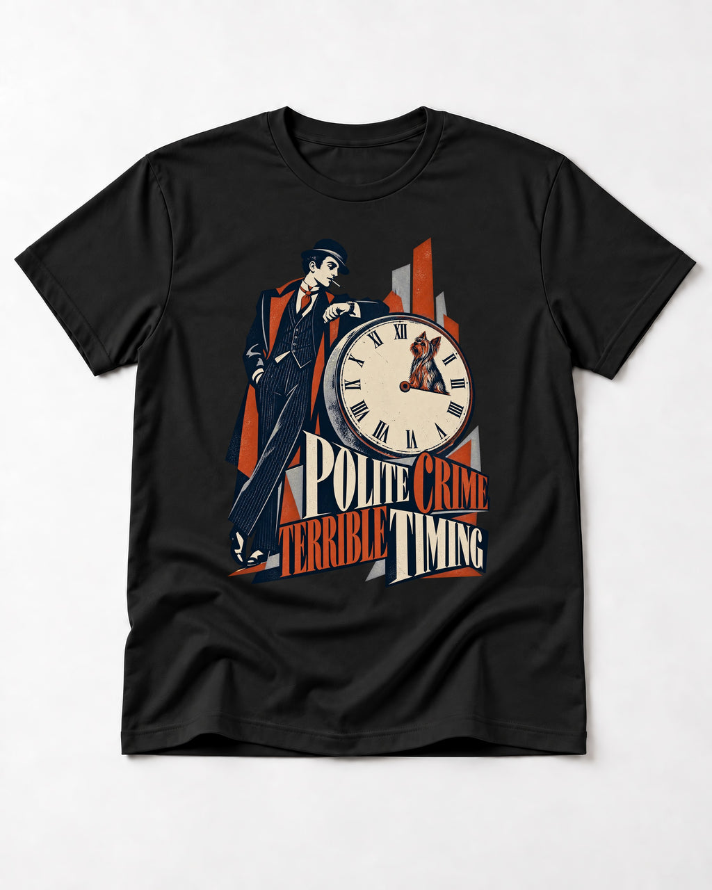 Yorkshire Terrier Polite Crime Terrible Timing Art Deco Clock Graphic T-Shirt in Black, flat lay product photo