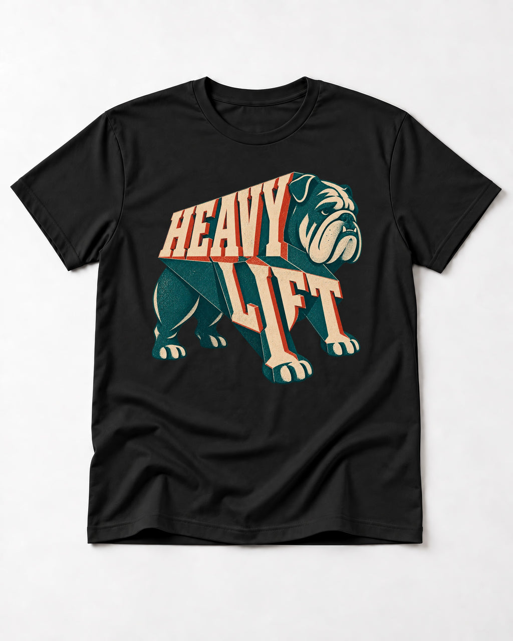 English Bulldog Heavy Lift Dimensional Type T-Shirt in Black, flat lay product photo