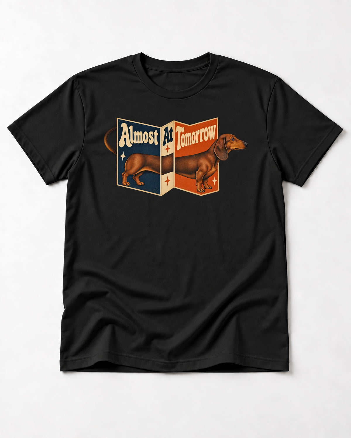 Dachshund Almost At Tomorrow Folding Screen Graphic T-Shirt in Black, flat lay product photo